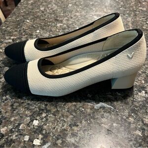 Vivaia Julie Arch Pro Almond Cap Toe heels in Ivory and Black